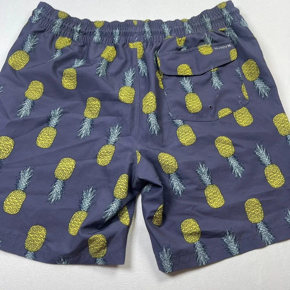Hurley Swim Shorts Men's Large Gray Pineapple Print Nylon‎ Stretch Drawstring